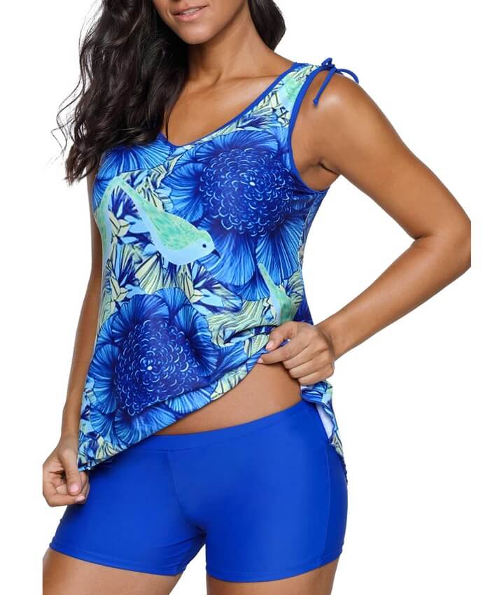 Asymmetric Hem Tie Shoulder Printed Tankini Set